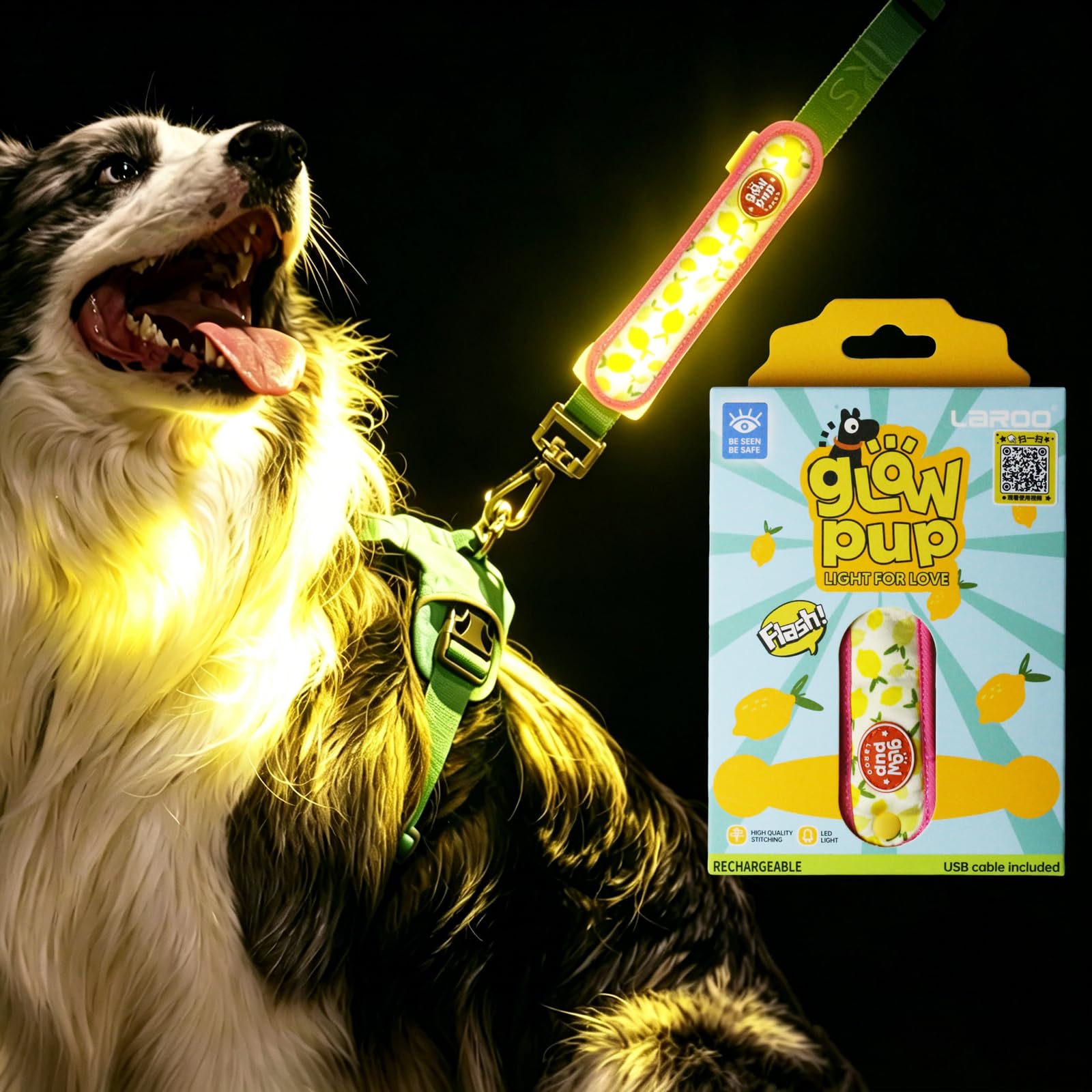 LaRoo Safety LED Light Strip for Dog - Type-C Rechargeable, Dog Light with Velcro Fastening, Easy to Attach to Collar, Leash and Harness, Luminous for Night Walks (Lemon)