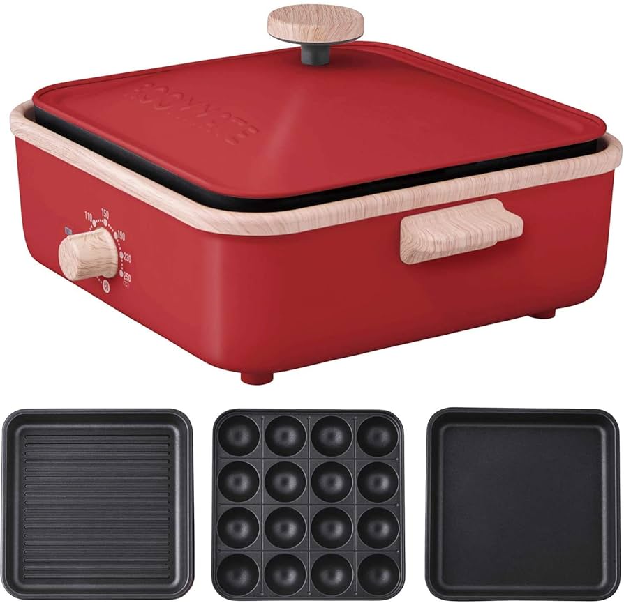赤いホットプレート　2種プレート付き コンパクトホットプレート レッド プレート2種 ふた付き 800w