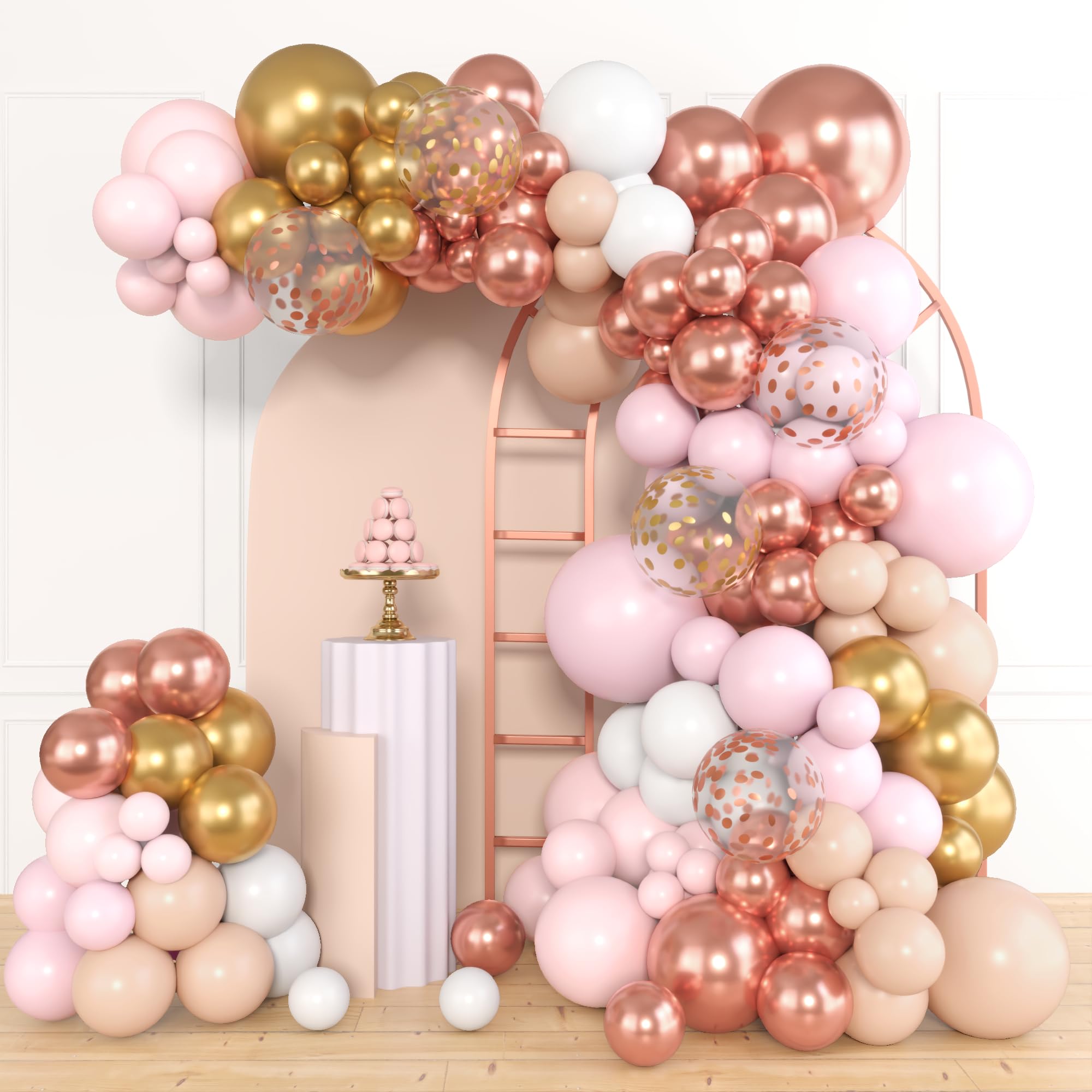 Amandir 164Pcs Rose Gold Pink Balloons Garland Arch Kit Light Pink Gold White Confetti Latex Metallic Balloons for Birthday Decorations Baby Shower Wedding Graduation Party Decorations