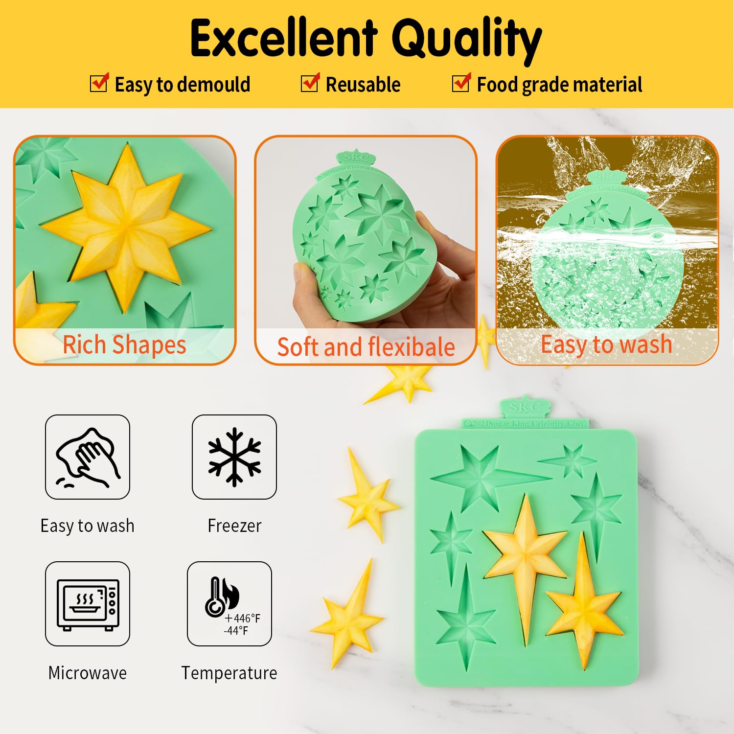 KALAIEN Moldes de silicona con forma de estrella, 2 moldes de chocolate con estrellas para hornear dulces, molde de resina de estrella (estrella de seis/siete puntas)