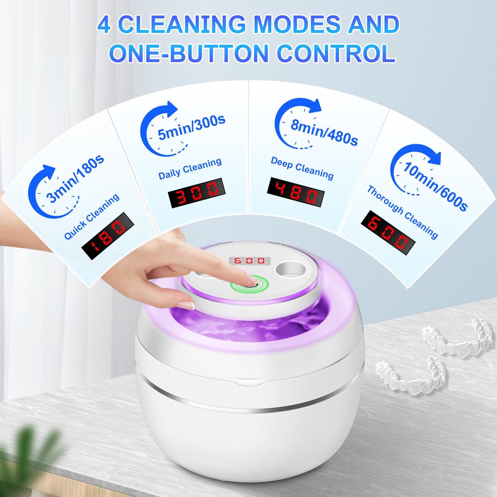 Nettoyeur Ultrasons 50000Hz Bac Ultrasons avec Lampe UV et 4 Modes, 250ML Ultrasonic Retainer Cleaner Dental Pod Dentaire pour Prothèses Dentaires, Gouttière Dentaires, Retainer, Bijoux, Blanc