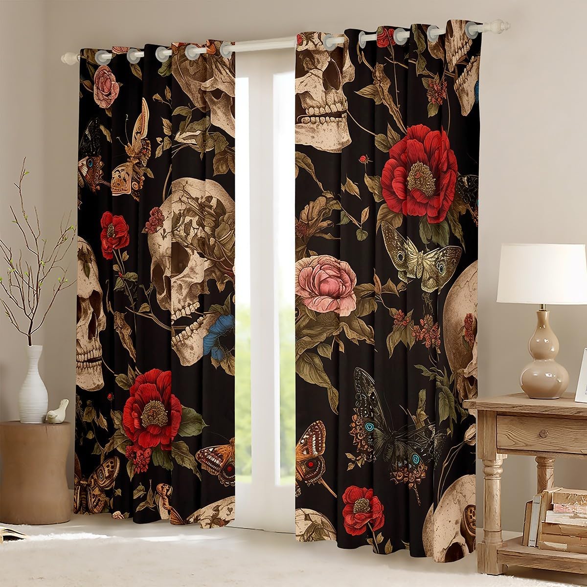 Feelyou Sugar Skull Rose 30%-50% Blackout Curtains (2 Panels, 38 x 45 Inch) Death Moth Curtains for Bedroom Living Room Gothic Skull Floral Flower Darkening Drapes Window Treatments