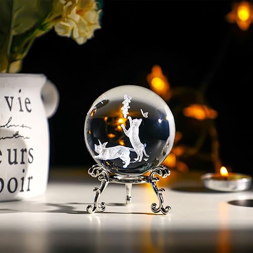 Miniatura 3 de Bola de cristal para gato con soporte, 2.362in, esfera de vidrio decorativa grabada en 3D (transparente)