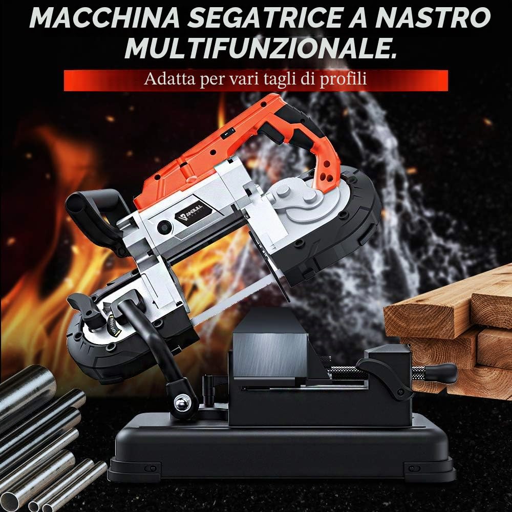 Anbull R2103 - sega a nastro per metallo con faretto LED, sega a nastro elettrico 1100 W/230 V, 0,7 – 2,4 m/s, regolabile 0 – 45 °, sega metallica con base rimovibile