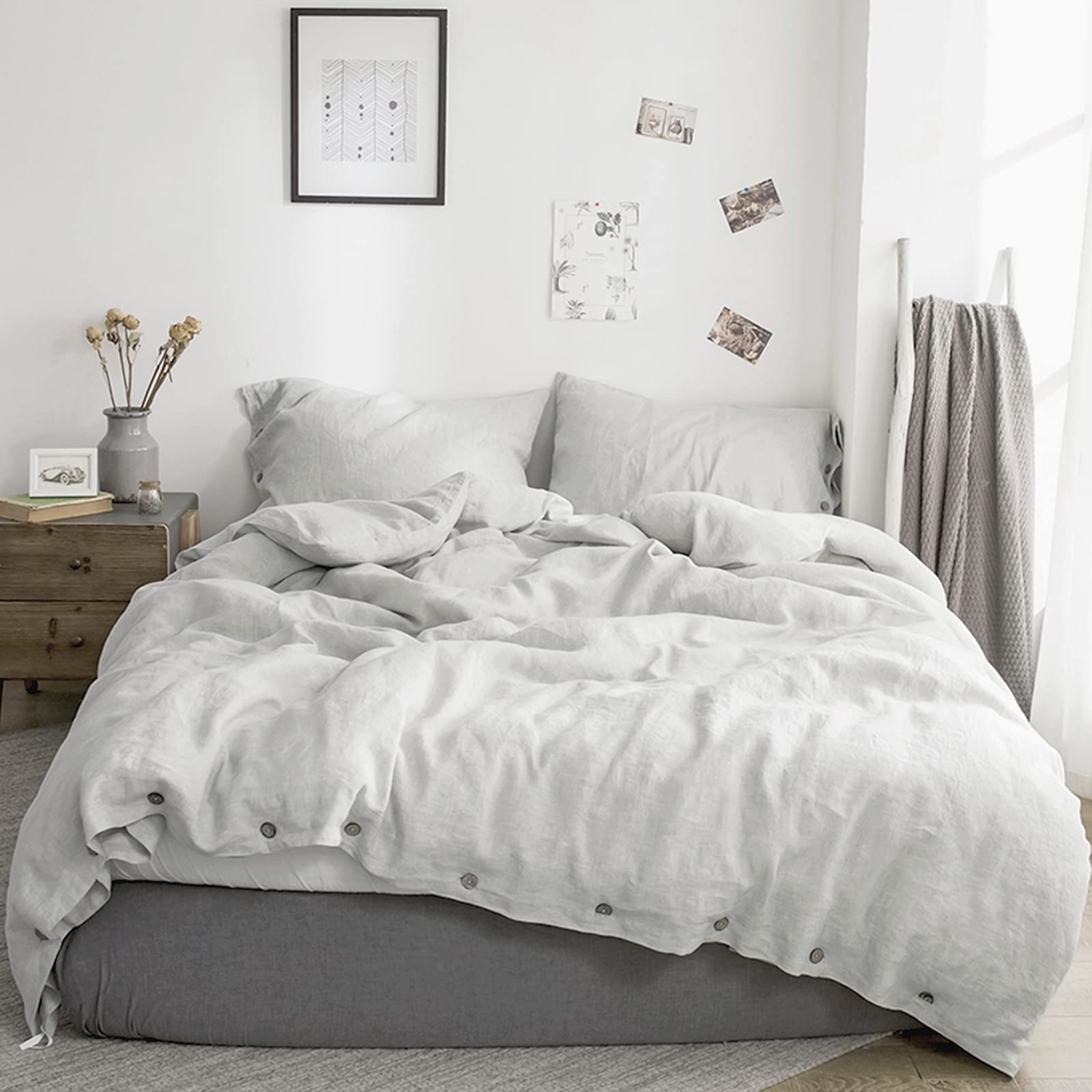 Simple&Opulence 100% Washed Linen Coconut Wood Deduction Solid Grey Bedding Set with 1 Duvet Cover 2 Pillowcases (King, Light Grey)