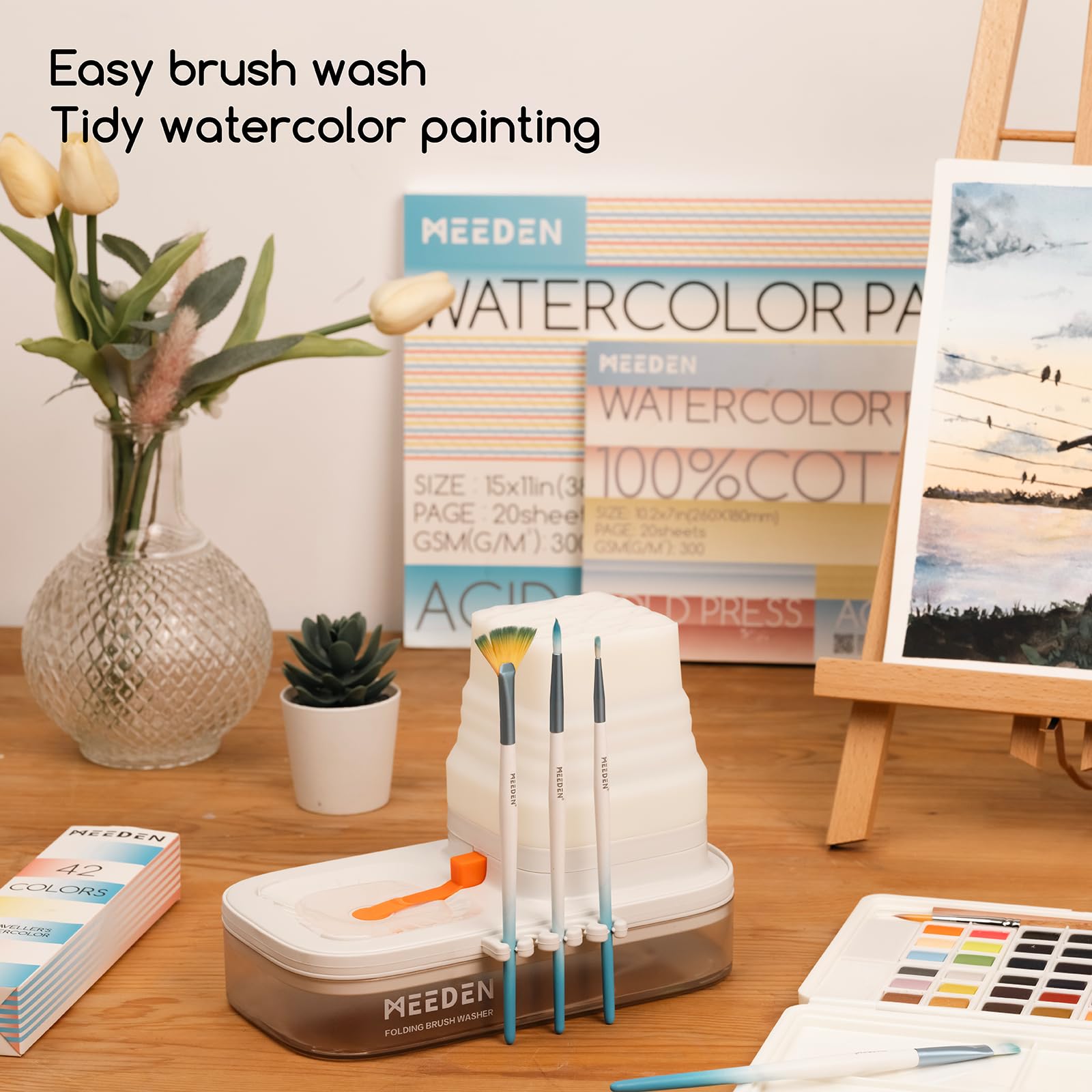 MEEDEN Nettoyeur de pinceaux portable : porte-pinceaux en silicone à 5 emplacements – Rinseur pour peintures acryliques, aquarelles et à base d'eau, blanc
