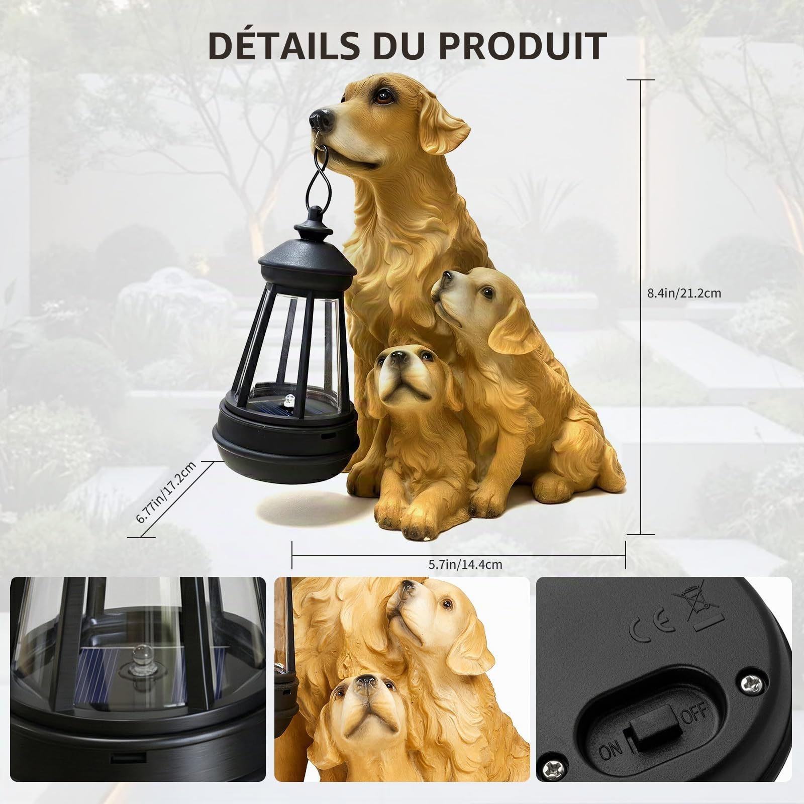 Statue de Jardin Chien Éclairage Solaire Extérieur: Figurine Chien Golden Retriever avec Chiots et Lanterne Solaire, Décoration Imperméable pour Balcon Terrasse, Idée Cadeau Anniversaire Femme Homme