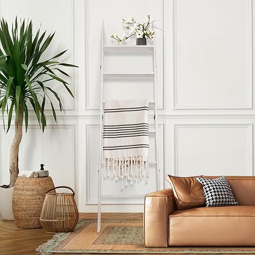 Miniatura 14 de Escalera para mantas, soporte de edredón de madera de 6 niveles, estante decorativo para escalera, estante inclinado, estante de almacenamiento