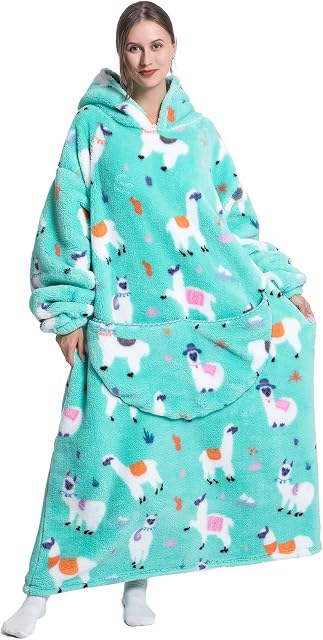 Seogva Extra Long Wearable Blanket Hoodie, Oversized Blanket Sweatshirt for Women and Men, Super Warm and Cozy Giant Hooded Blanket, Thick Flannel Blanket with Sleeves and Giant Pocket