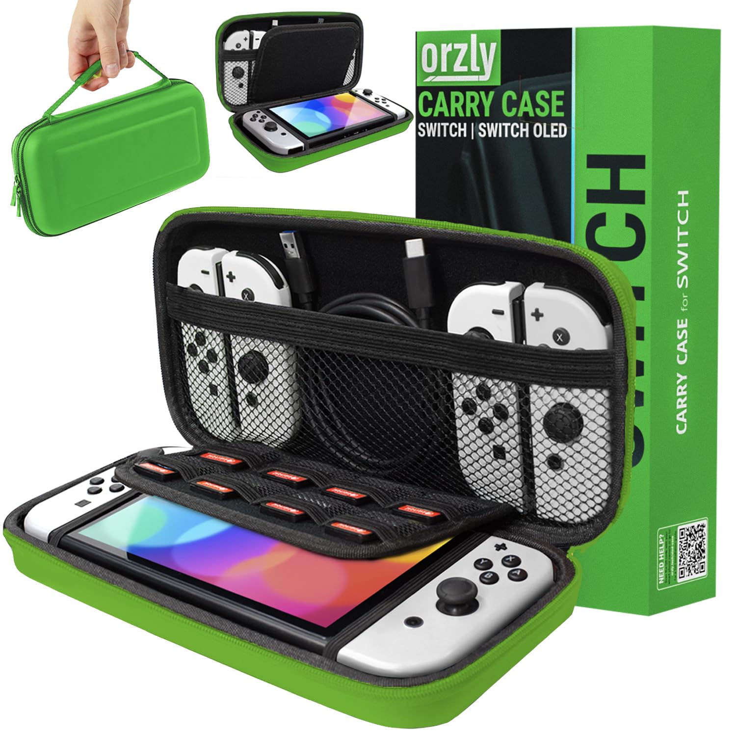 Orzly Tragetasche Kompatibel mit Nintendo Switch und New Switch OLED-Konsole - Grun schützende Hülle, Harte tragbare Reisetasche mit Taschen für Zubehör und Spiele