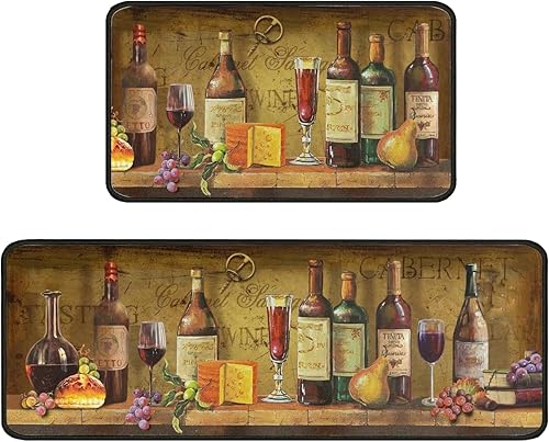 Juego de 2 alfombras de cocina vintage de vino, antideslizantes, lavables, decoración de cocina, antifatiga, para fregadero de cocina, lavandería,