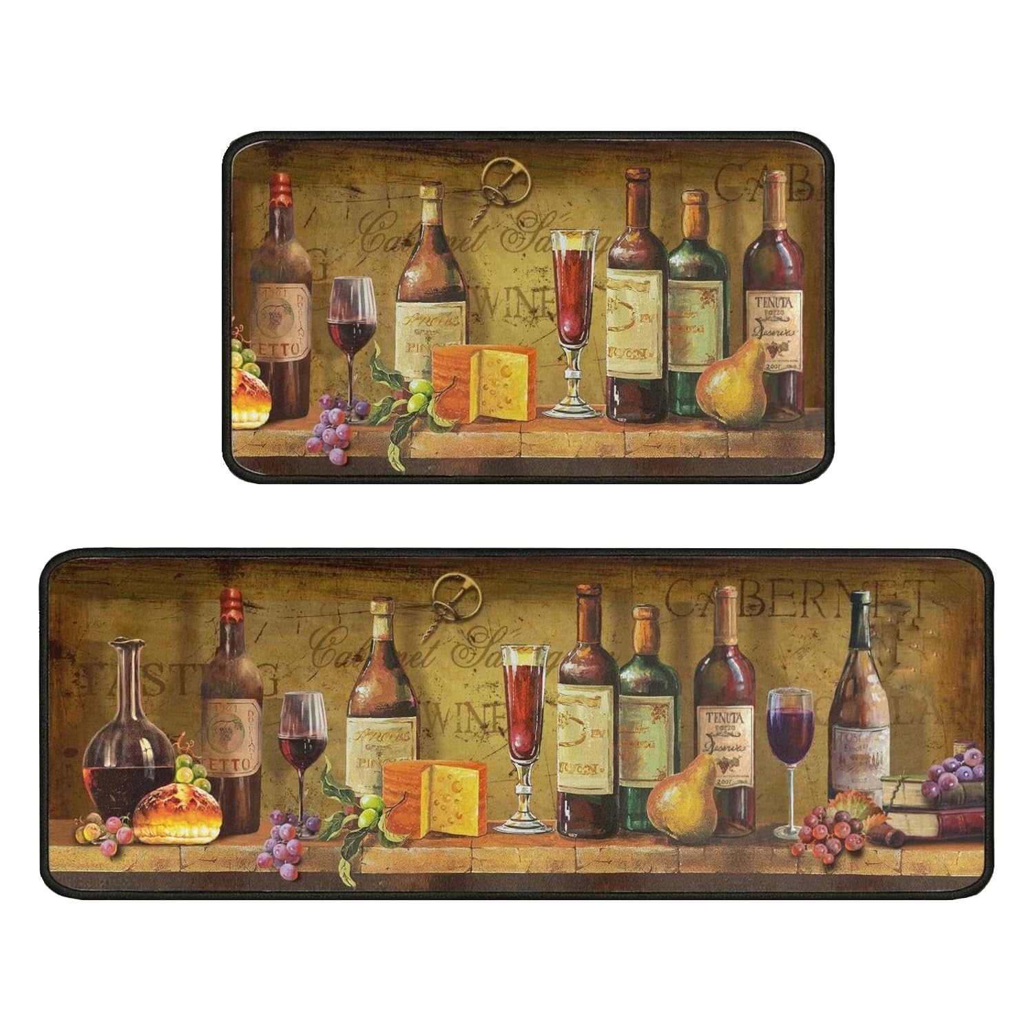 Twyt decor Vintage Wine Kitchen Rugs Set of 2, Retro Style Floor Mats Non-Slip Washable, Wine Theme Kitchen Decor Anti-Fatigue Floor Mats for Kitchen