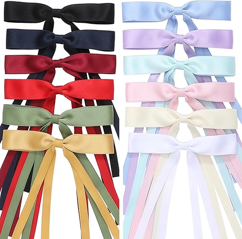 Hair Bows Set: 12 PCS Ribbon Bowknot Clips and Barrettes with Long Tails for Women and Girls (12 Color Mixing)
