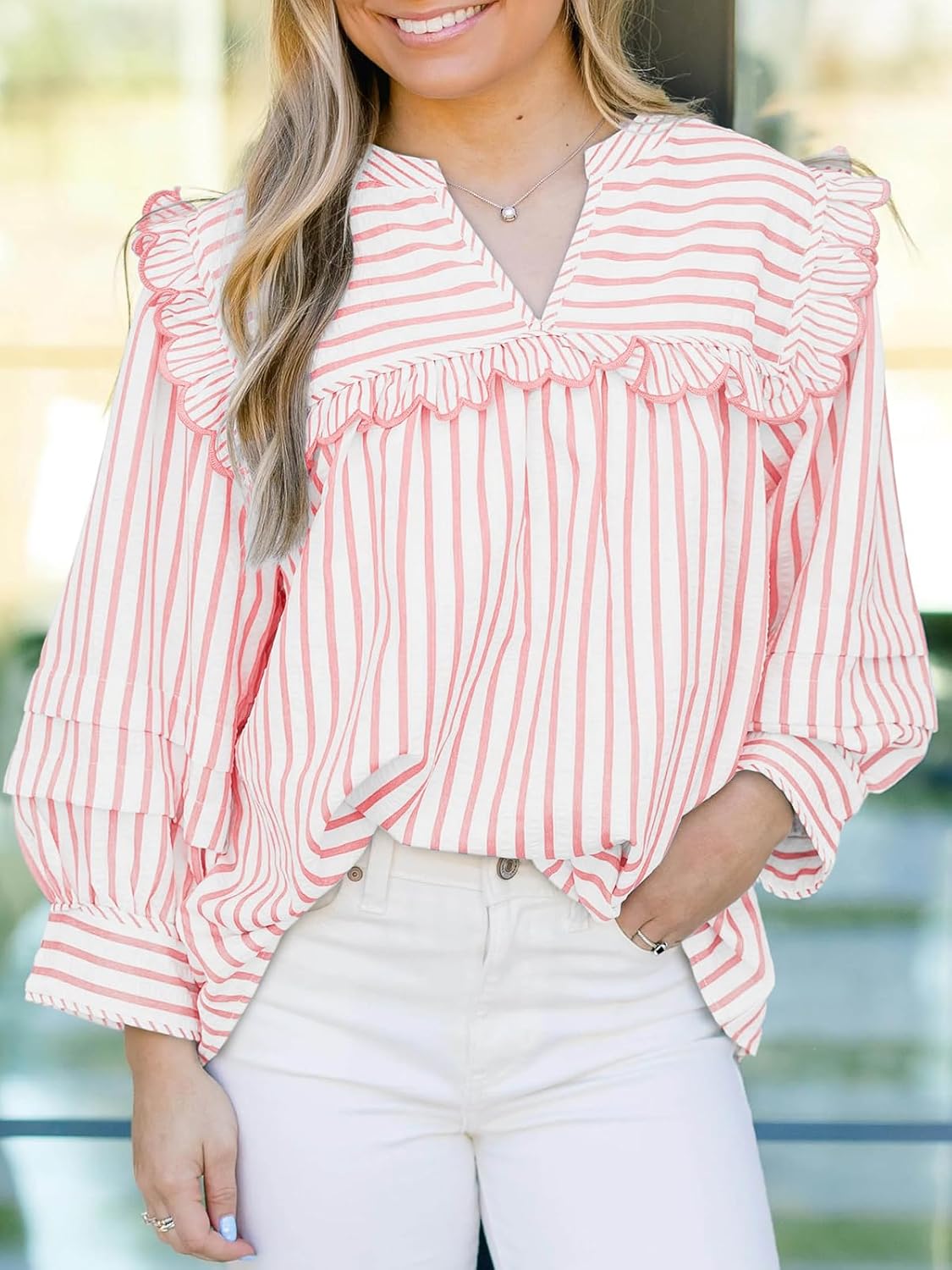 Cicy Bell Womens Striped Babydoll Tops Ruffle V Neck Puff Sleeve Blouses Loose Fit Cute Flowy Shirts - Image 3