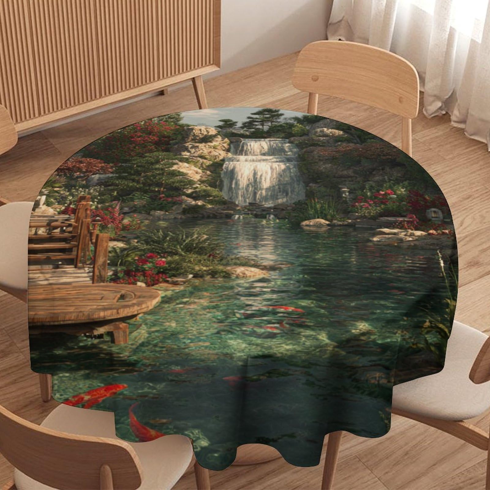 LUYYSKY Romantic Classic Spring Garden Waterproof Round Tablecloth Colorful Realistic Floral Birds Waterfall Pattern Washable Table Cover for Kitchen-91.4" Wx91.4 L cm