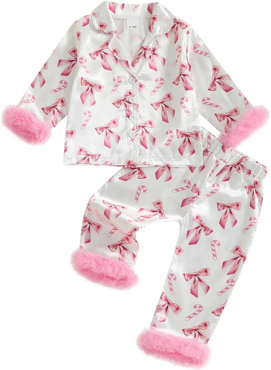 Toddler Baby Boy Girl Christmas Pyjamas Set Satin Long Sleeve Feather Trim Button Tops Trouser 2Pcs Toddler Sleepwear