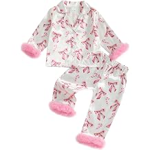 Douhoow Toddler Baby Girls Silk Satin Pajamas Set Feather Trim Long Sleeve Botton Shirt Tops Pajama Pant Fuzzy Lounge Pjs