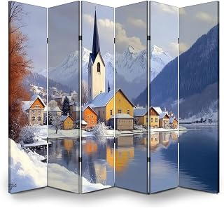 Room Divider Panel Folding Privacy Screen Winter Hallstatt Alpine Village Landscape Austrian Lakeside Town Snow Wood Partition Wall Panels Freestanding Screen Dividers for Room Separation