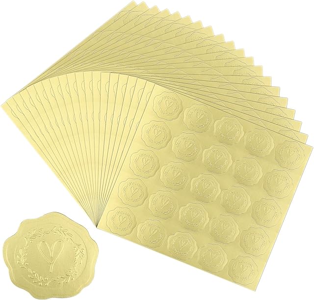 QOTSTEOS 500pcs/20sheets Gold Embossed Wax Seal Stickers, Heart Pattern Envelope Stickers, Self Adhesive Decoration Sticker, for Wedding Invitations/Greeting Cards/Party Favors(Gold)