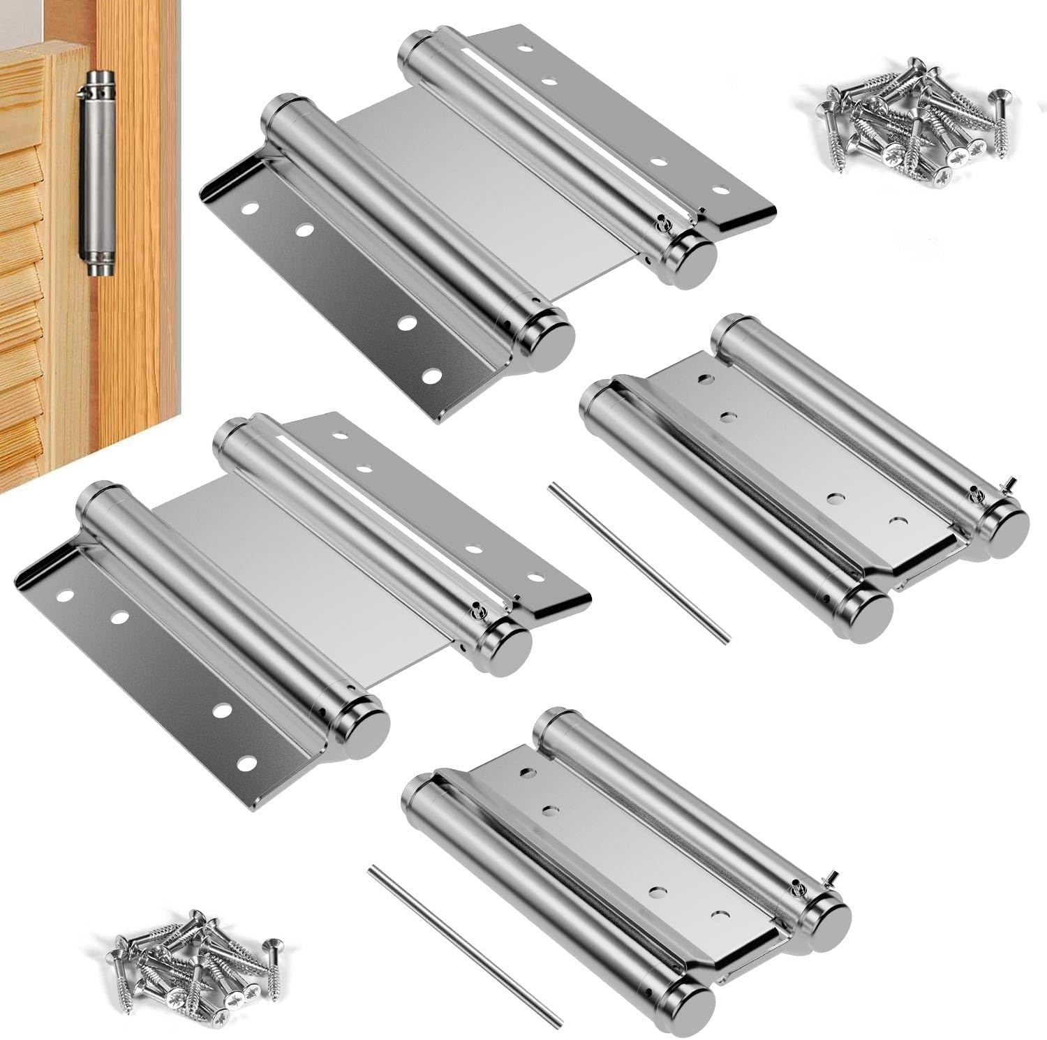 6 Inch Double Action Spring Hinges, Double Swing Door Hinge, Saloon Door Hinges for Waist Cafe Pub Swinging Doors, 201 Stainless Steel, Including Pins and Screws(Silver, 4PCS)