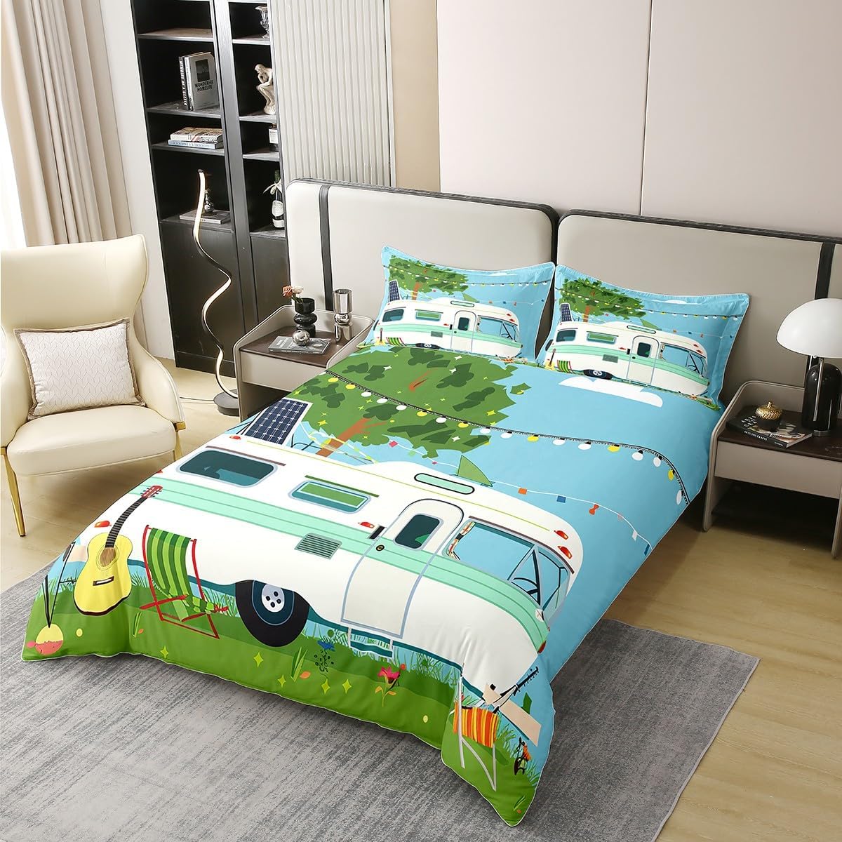 Erosebridal 100% Natural Cotton Rv Camper Duvet Cover,Happy Camping Comforter Cover Twin,Woodland Travel Bed Set,Rustic Farmhouse Bedding Set Bedroom Decor for Kids Boys Girls,Green 1 Pillowcase image 2