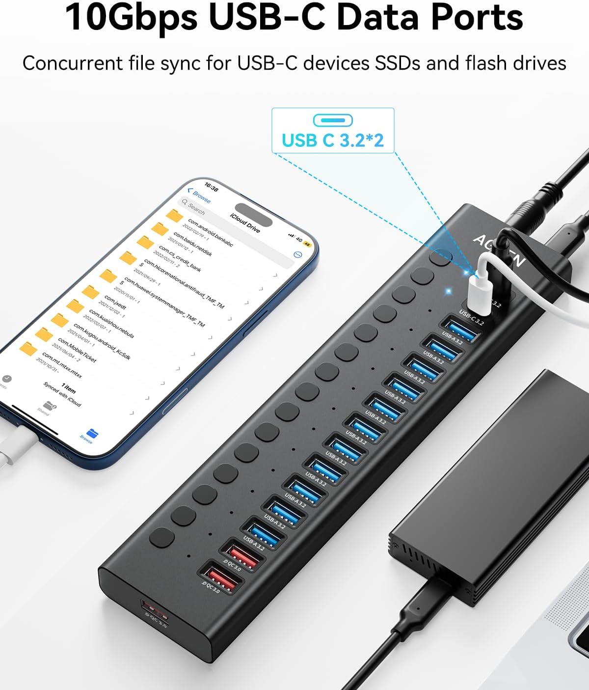 AGEEN 16-Port Powered USB 3.2 Hub-10Gbps SuperSpeed Data Splitter with 2 USB-C & 11 USB-A Ports, 3 x 24W QC 3.0 Fast Charging Ports, Individual On/Off Switches, 96W Power Adapter for Laptop (16 Ports)