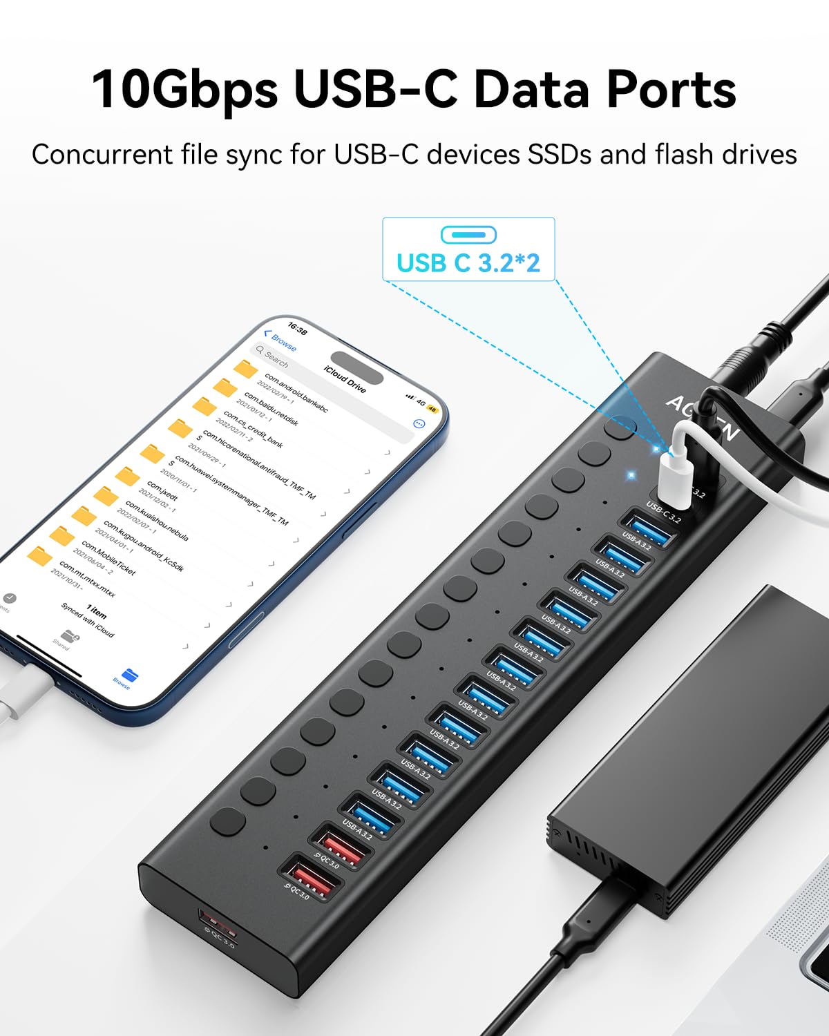 AGEEN Hub USB alimentato a 16 porte - Splitter dati SuperSpeed da 10 Gbps con 2 porte USB-C e 11 porte USB-A, 3 porte di ricarica rapida QC 3.0 da 24 W, singoli interruttori on/off, adattatore di