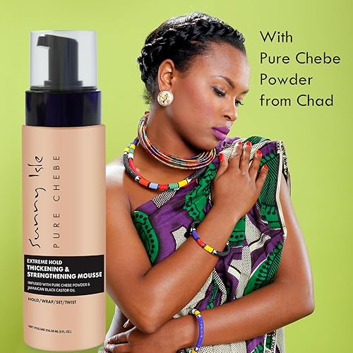 Miniatura 6 de Sunny Isle Pure Chebe Extreme Hold - Mousse espesante y fortalecedora de 8 onzas  Sujeta, envoltura, juego, torsión, infundida con polvo Chebe