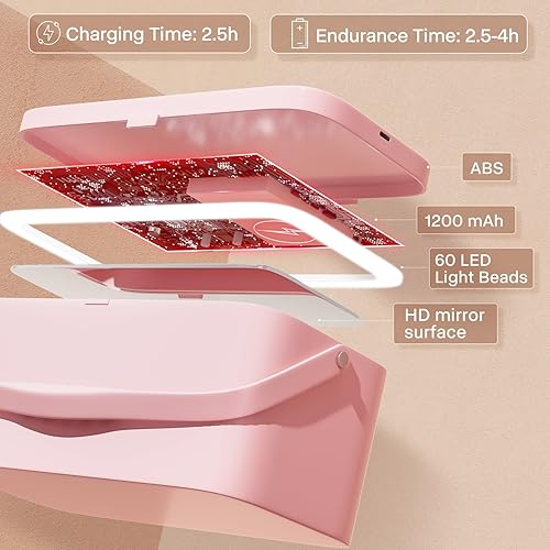 Miniatura 5 de Buqikma Caja organizadora de maquillaje de viaje con espejo, estuche de almacenamiento de maquillaje multiusos para mujer, Rosa - Recargable-3