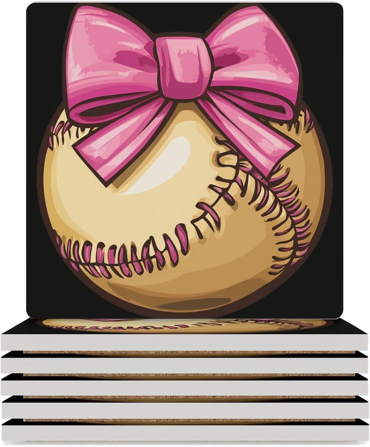 Bow Softball Mom Ceramic Coasters Set Square Drink Coasters Table Coaster for Kitchen Desktop Decor