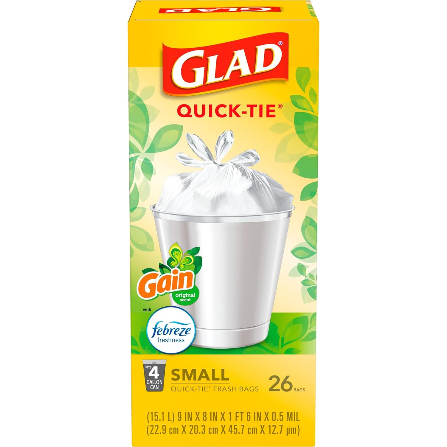 Glad Trash Bags OdorShield Small Garbage Bags Gain Original Febreze 4 Gal 26 Count Pack of 6