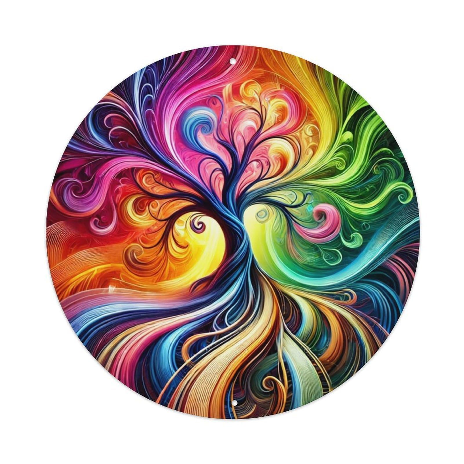 Vibrant Swirling Rainbow Tree Pattern Retro Metal Tin Sign, Vintage Metal Poster for home, Gaming Room, Studio Workshop,Bar,Garage Wall Art Decor 8x8 inch