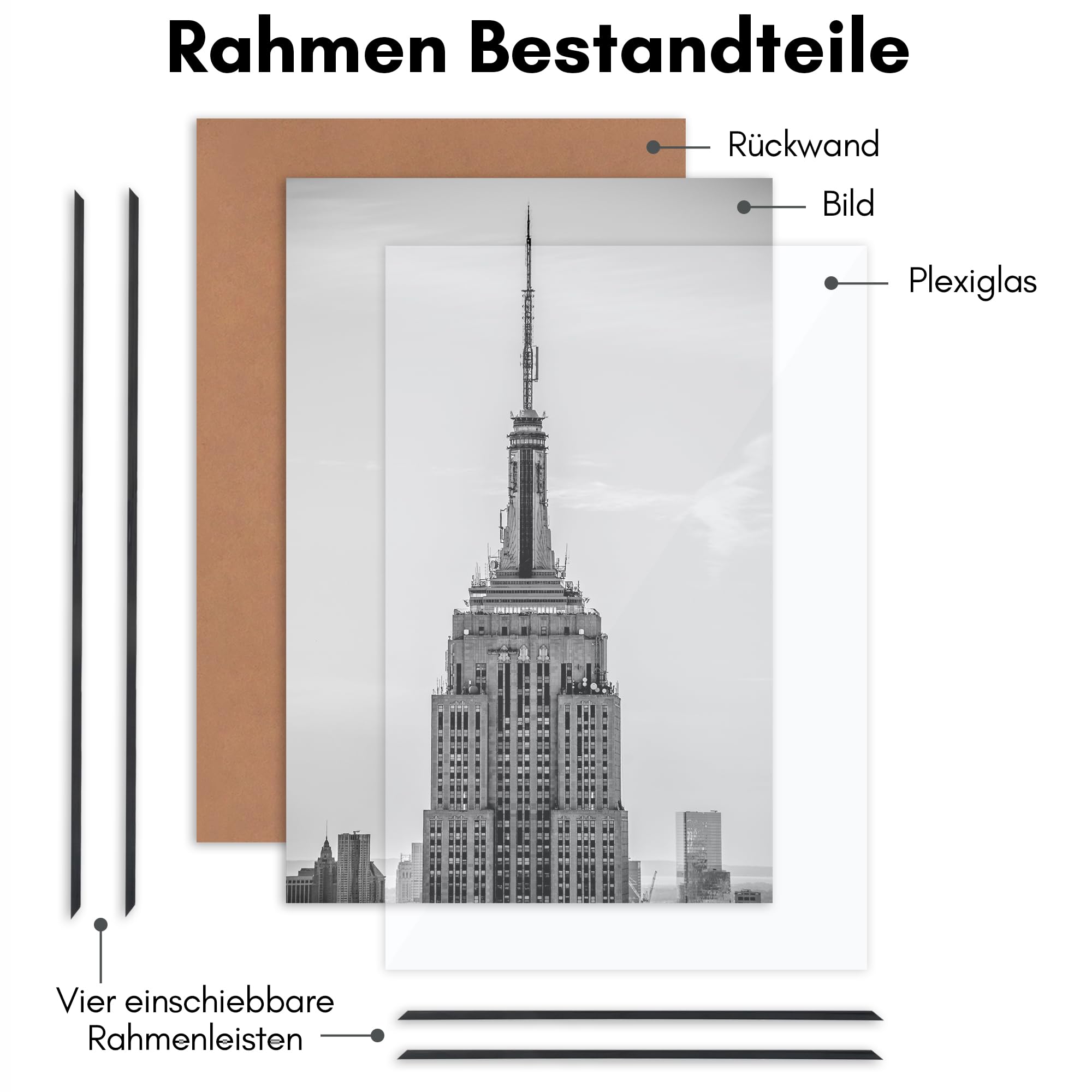 Americanflat Bilderrahmen 60x90 cm (3er Pack) - Schlanker Bilderrahmen 90x60 cm mit Plexi-Scheibe und Integrierter Aufhängung für Hoch- und Querformat - Schwarz