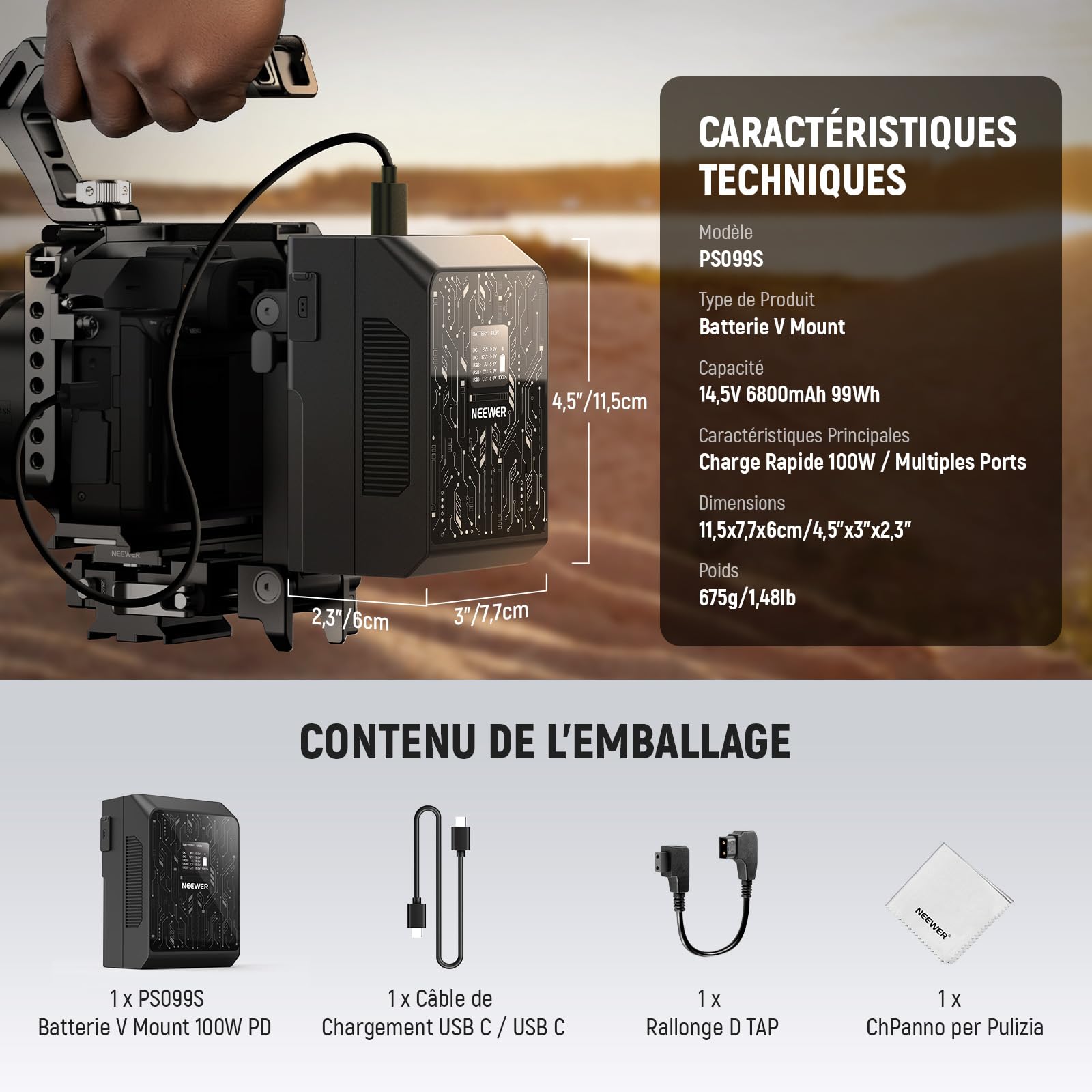 NEEWER Batterie Mini V Mount,Contrôle App,6800mAh,99Wh,100W,PD,Charge Rapide,avec écran OLED & Chiffon Nettoyage,Alimentation de Secour Compatible avec BMPCC 4K & 6K,Caméra,Moniteur,Lampe Vidéo,PS099S