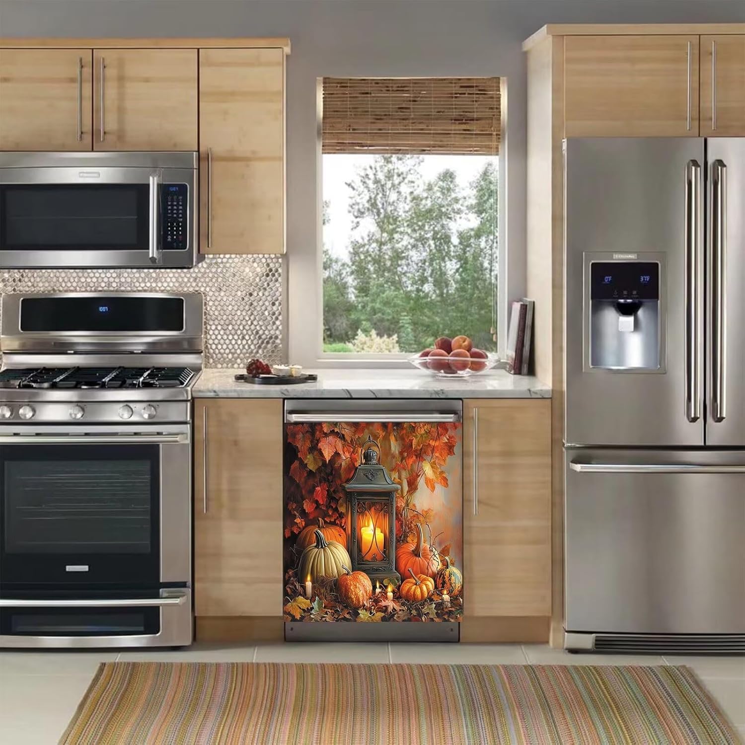 Pumpkin Candles Magnetic Dishwasher Cover Autumn Maple Leaves Magnet Refrigerator Door Decal Home Appliance Panels Sticker Kitchen Decorative 23" x 26" Magnetic