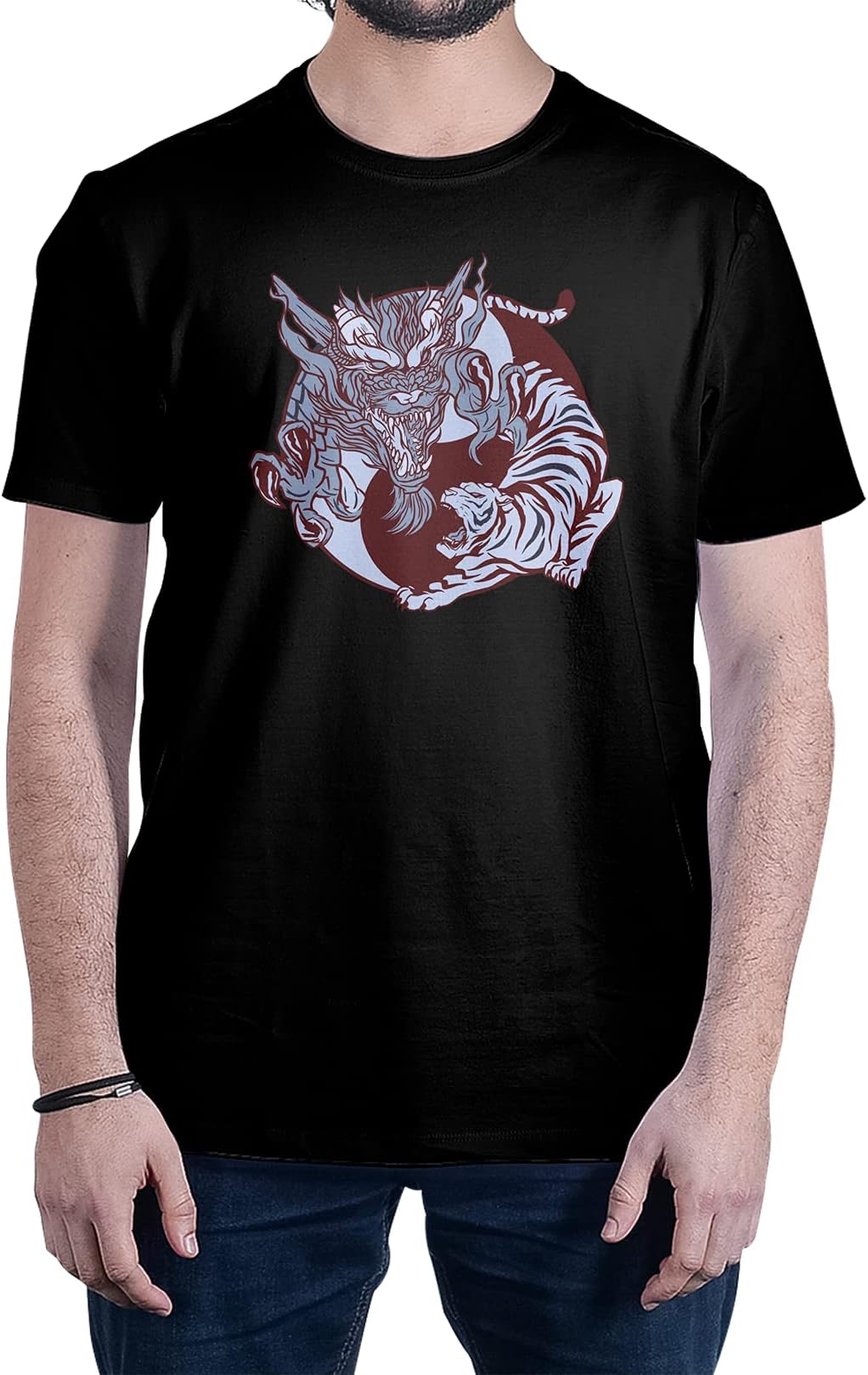 Yin Yang Dragon Tiger Graphic Art 100% Cotton T-Shirt