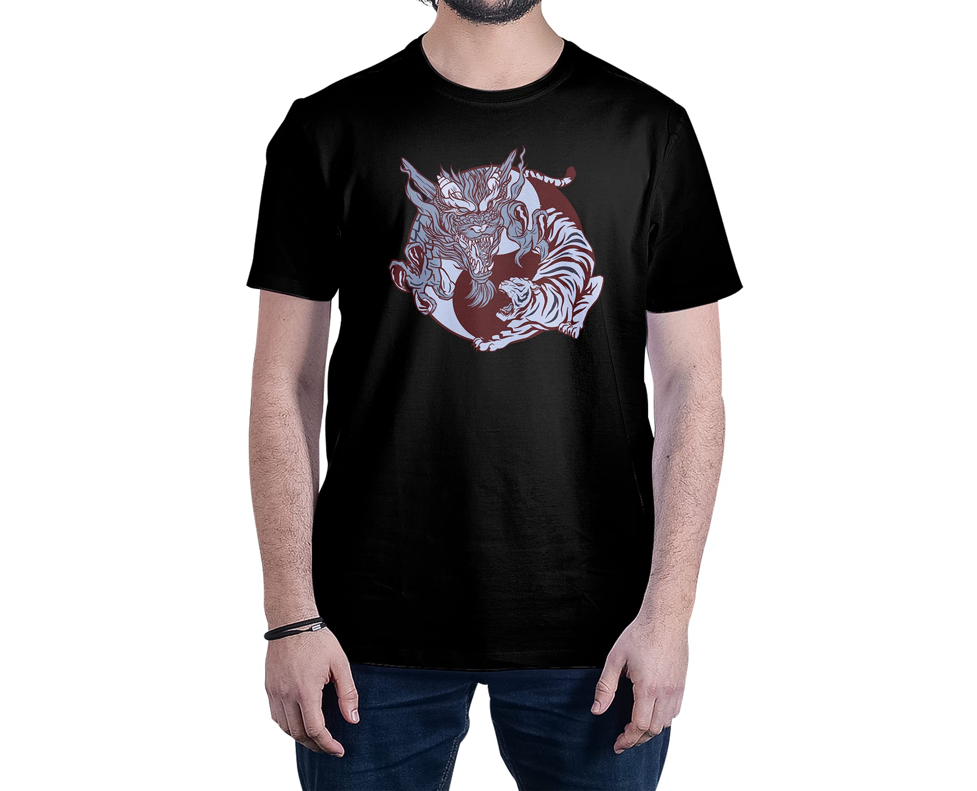 Yin Yang Dragon Tiger Graphic Art 100% Cotton T-Shirt