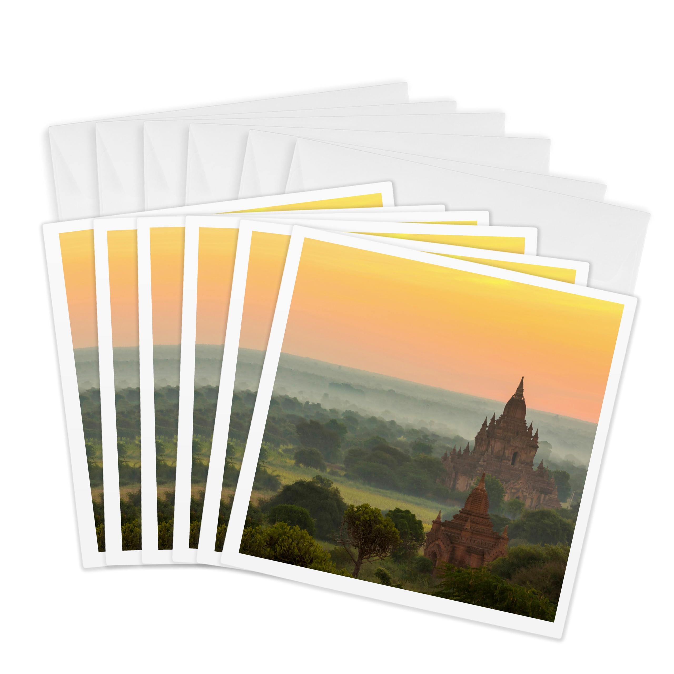 3dRose gc_225384_1 6 x 6-Inch "Myanmar Bagan Smoke Shrouds The Temples of Bagan at Sunrise" Greeting Card (Pack of 6)