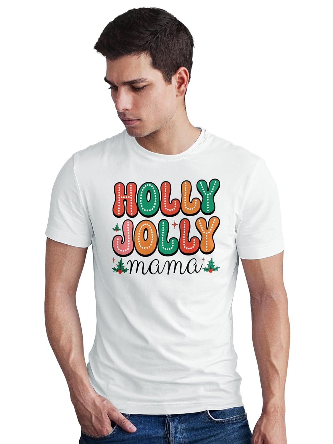 SeekBuyLove Holly Jolly Mama T-Shirt, Christmas Holiday Festive Shirt, Mom Tee, Retro Gift