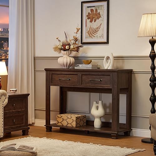 Miniatura 8 de Mesa consola de granja de 46 pulgadas con 2 cajones, mesa de entrada de madera rústica de 2 niveles con estante de almacenamiento abierto para