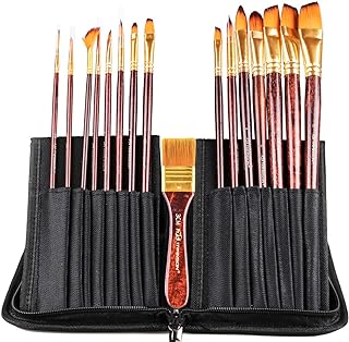 Transon 16pcs Professional Long Artist Paint Brush Set with Brush Case Assorted for Acrylic Watercolor Gouache Oil Tempera and Body Painting