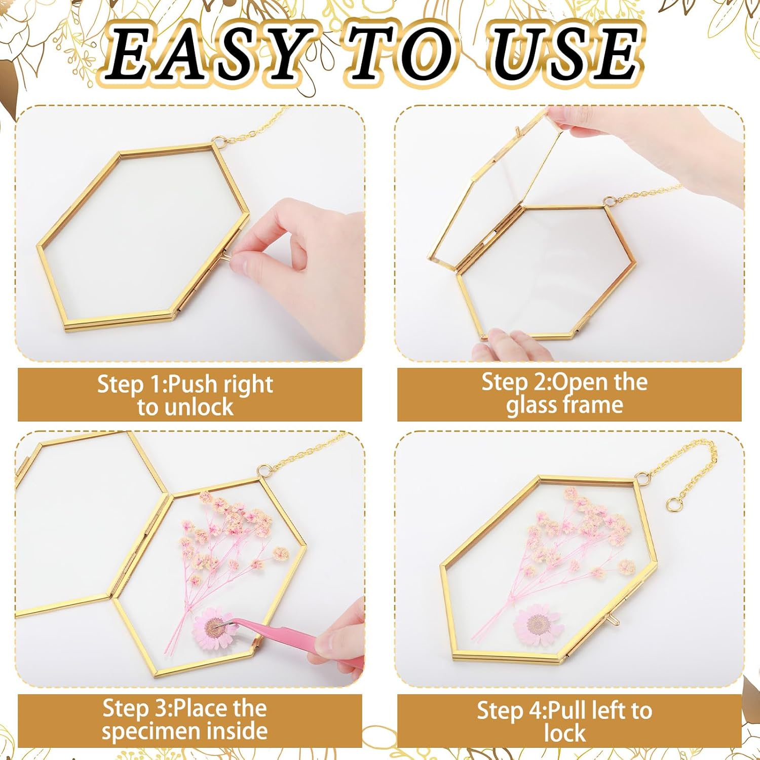 Qunclay 4 Pcs Floating Flower Frame Pressed Flower Frame Hexagon Glass for Pressed Flowers with Chain Double Floating Picture Geometric Wall Decor for Photo Picture Poster in Home Gallery 4 x 6 Inch