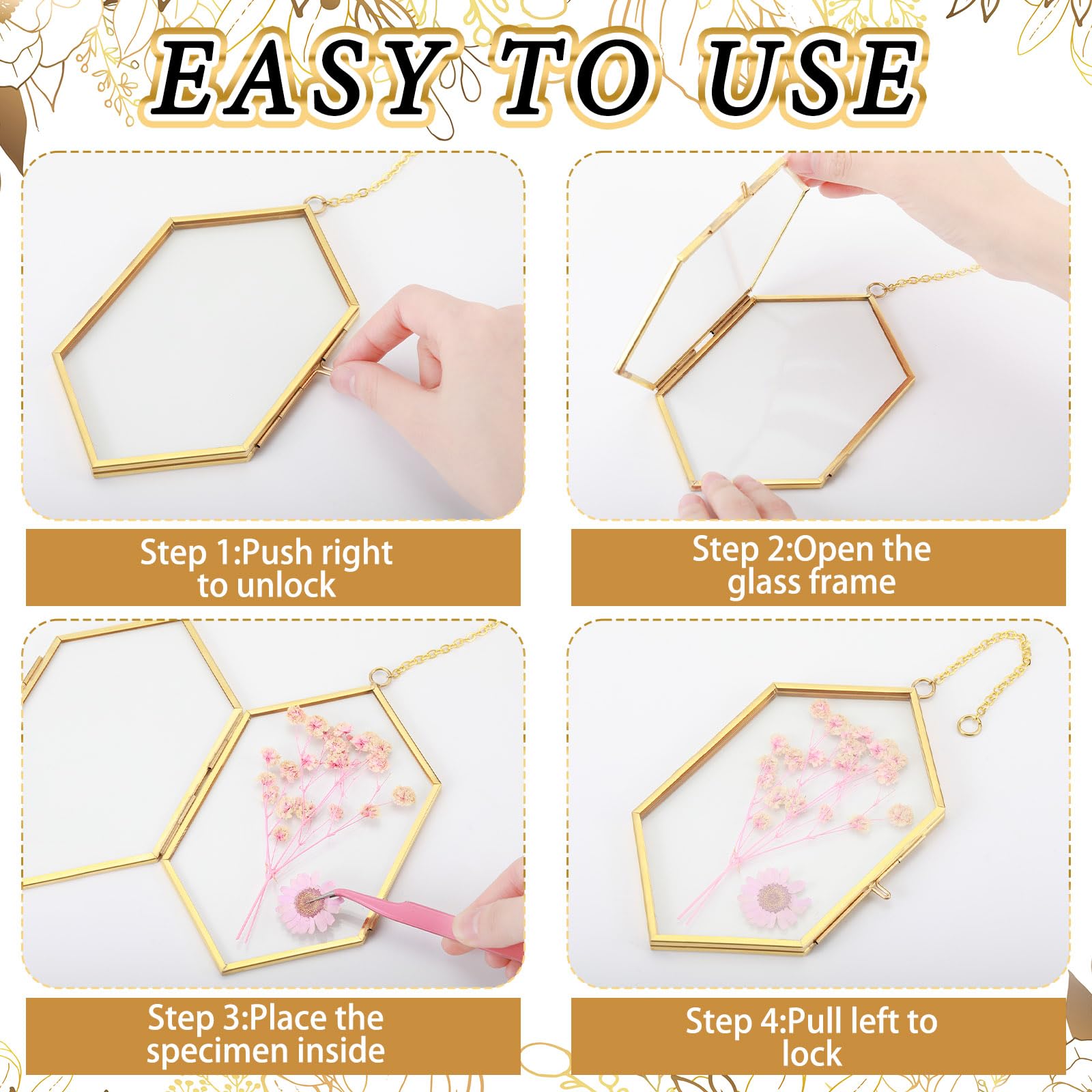 Qunclay 4 Stück schwebender Blumenrahmen zum Aufhängen, gepresster Blumenrahmen, DIY, sechseckiges Glas mit Kette, doppeltes schwimmendes Bild, geometrische Wanddekoration für Bild in der Heimgalerie
