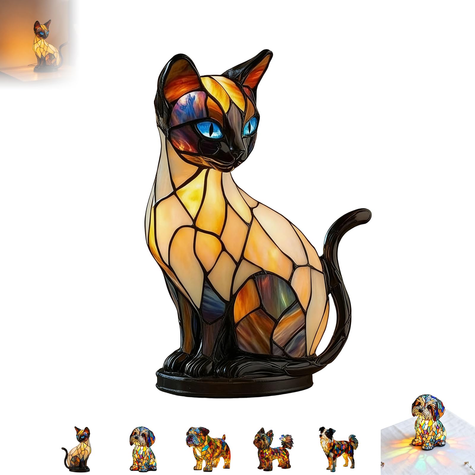 Resin Dog LED Night Light, 3D Puppy Cat Shape USB Powered Desk Lamp with Colorful Glass Effect, Handcrafted Decorative Bedside Lamp for Bedroom Home Decor, 5 Breed Styles (Yellow-Siamese Cat)