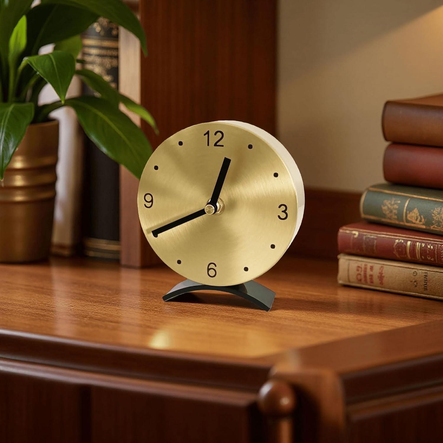 Solid Brass Small Gold Table Clock - Silent Non-Ticking, Battery Operated for Living Room Mantel, Desk or Shelf Decor