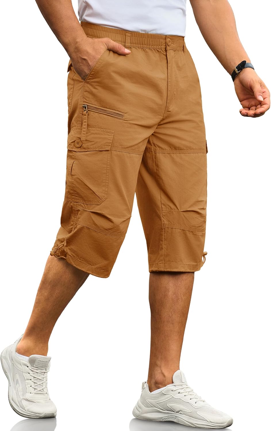 Cotrasen Men's Cargo Shorts Cotton Casual Below Knee Long Shorts Twill Elastic 3/4 Capri Pants with 7 Pockets - Image 4
