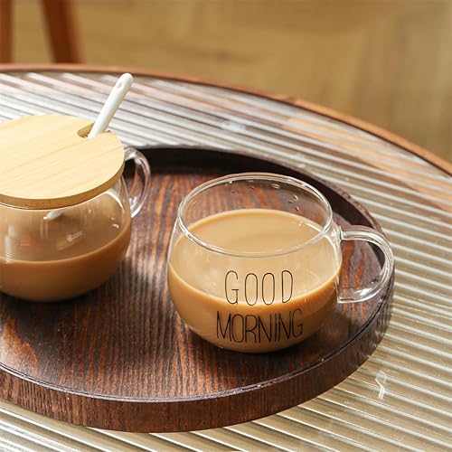 Miniatura 8 de Good MORNING - Taza transparente para café, postre, leche, té, yogur, taza de vidrio redonda con mango con tapa de bambú, cuchara de cerámica de