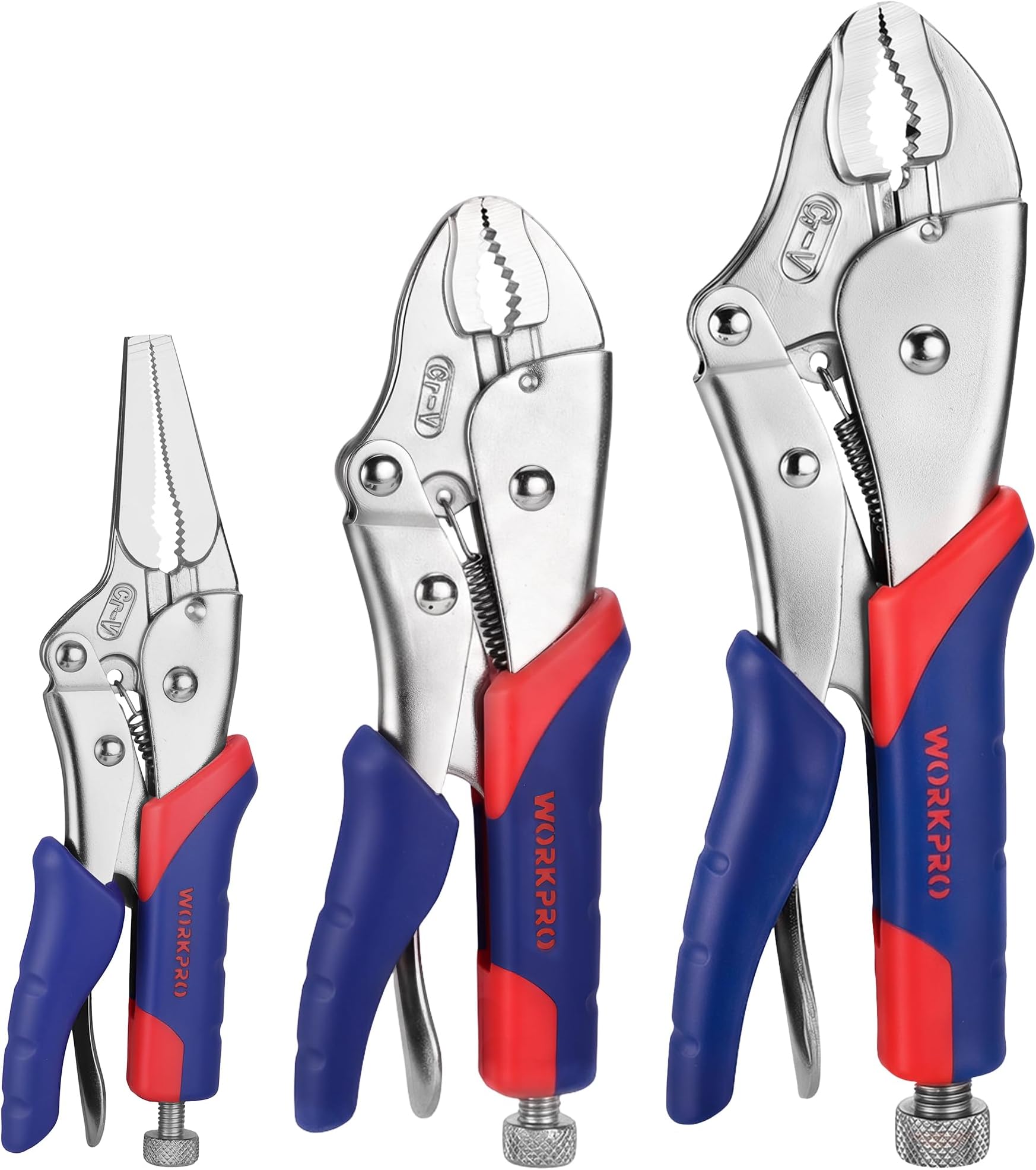 3-Piece Locking Pliers Set, Cr-V Steel Mole Grips, Quick-Release & Self-Locking with Soft Handle, 250 mm & 180 mm Curved Jaw, 165 mm Straight Jaw