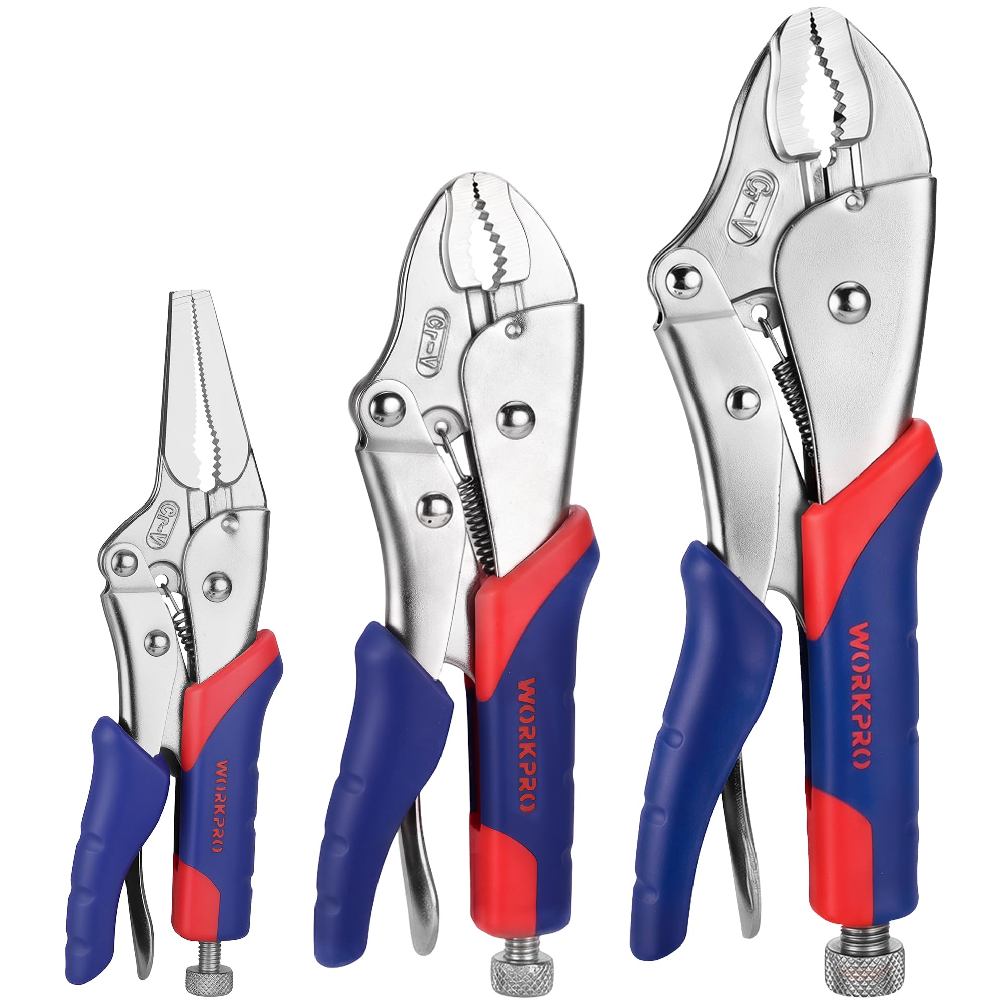 Workpro Ve411ydsh156 3-Piece Locking Pliers Set, Cr-V Steel Mole Grips, Quick-Release & Self-Locking With Soft Handle, 250 Mm & 180 Mm Curved Jaw, 165 Mm Straight Jaw