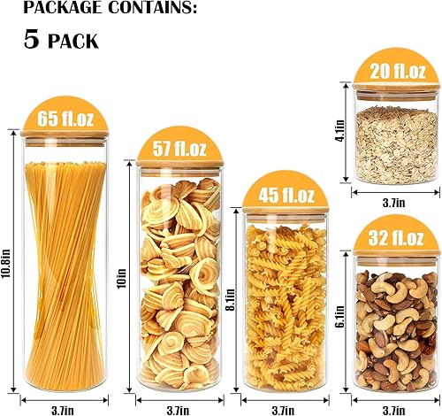 Miniatura 3 de Juego de 5 tarros de vidrio herméticos con tapas de bambú, juego de 5 recipientes de cocina para azúcar, dulces, galletas, arroz y especias